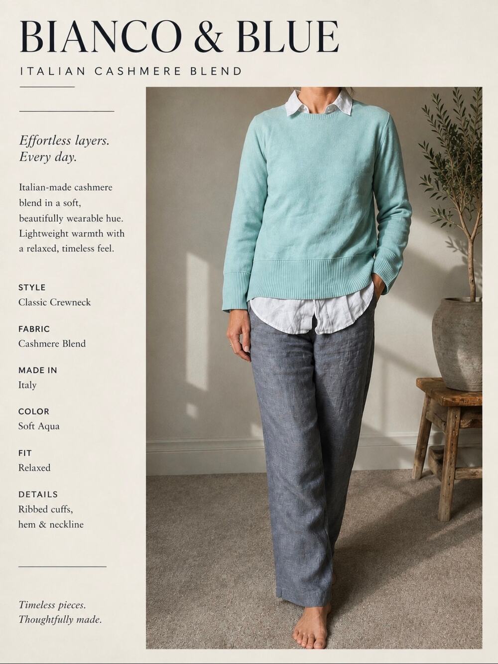 Bianco & Blu Italian Cashmere Blend Crewneck Sweater | Soft Aqua